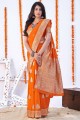 Weaving Banarasi silk Orange Banarasi Saree with Blouse