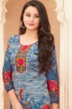 Blue Printed Patiala Suit in Cotton
