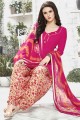 Printed Cotton Patiala Suit in Magenta with Dupatta