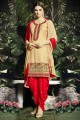 Beige Cotton and satin Patiala Suit with Embroidered