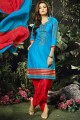 Blue Patiala Suit in Cotton and satin with Embroidered