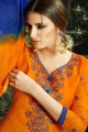 Embroidered Cotton and satin Orange Patiala Suit with Dupatta