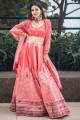 Red,peach Party Lehenga Choli in Silk with Printed