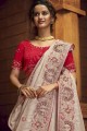 Cream Saree in Organza with Embroidered