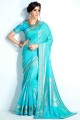 Sky blue Saree in Printed Handloom silk