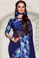 Printed Georgette Saree in Navy blue with Blouse