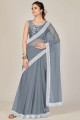 Net Saree in Grey with Embroidered,lace border