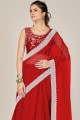 Red Saree in Net with Embroidered,lace border