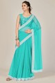Embroidered,lace border Net Saree in Sky blue with Blouse