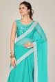 Embroidered,lace border Net Saree in Sky blue with Blouse