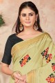 Light yellow Embroidered Saree in Cotton