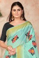 Embroidered Cotton Saree in Sky blue
