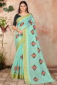 Embroidered Cotton Saree in Sky blue