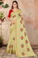 Light yellow Saree in Cotton with Embroidered