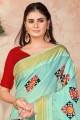 Sky blue Embroidered Saree in Cotton