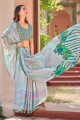 Saree Blue  in Chiffon with Printed