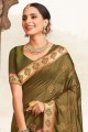 Olive green Silk South Indian Saree with Embroidered,lace border