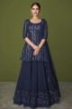 Georgette Sharara Suit in Blue with Embroidered