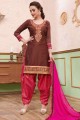 Brown Patiala Suit in Embroidered Net