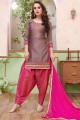 Brown Embroidered Patiala Suit in Cotton