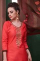 Cotton Patiala Suit in Coral with Embroidered