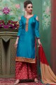 Turquoise Embroidered Palazzo Suit in Cotton