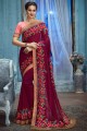 Wine Embroidered South Indian Saree in Art silk