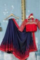 Embroidered Satin Saree in Navy blue