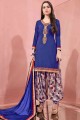 Blue Embroidered Cotton Patiala Suit