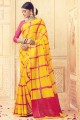 Yellow Printed Kora silk Saree