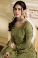 Satin Sharara Suit in Green with Embroidered