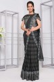 Thread,embroidered Lycra Saree in Grey,black with Blouse