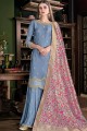 Blue Embroidered Sharara Suit in Satin