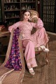 Embroidered Satin Pink Palazzo Suit with Dupatta