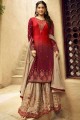 Red Embroidered Satin Sharara Suit
