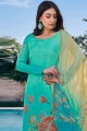 Printed Satin Palazzo Suit in Turquoise  with Dupatta