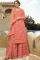 Peach Sharara Suit in Net with Embroidered