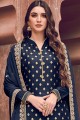 Embroidered Silk Pakistani Suit in Navy blue with Dupatta