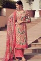 Peach Satin Embroidered Palazzo Suit with Dupatta