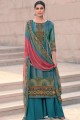 Printed Satin Palazzo Suit in Blue with Dupatta