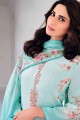 Embroidered Cotton Palazzo Suit in Turquoise with Dupatta