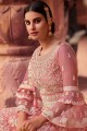 Net Pakistani Suit in Pink with Embroidered