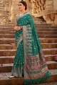 Printed Silk Saree in Teal green with Blouse