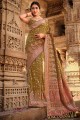 Saree Olive green with Printed Silk