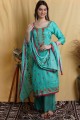 Cotton Palazzo Suit with Thread in Teal