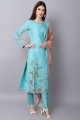 Digital print Cotton Palazzo Suit in Teal