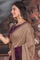 Purple,beige Zari,thread,embroidered Saree in Tussar silk