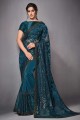 Sequins,embroidered Saree in Turquoise blue Lycra