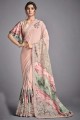 Saree in Pink Lycra with Hand,sequins,embroidered,digital print