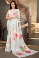 White Saree in Satin with Digital print